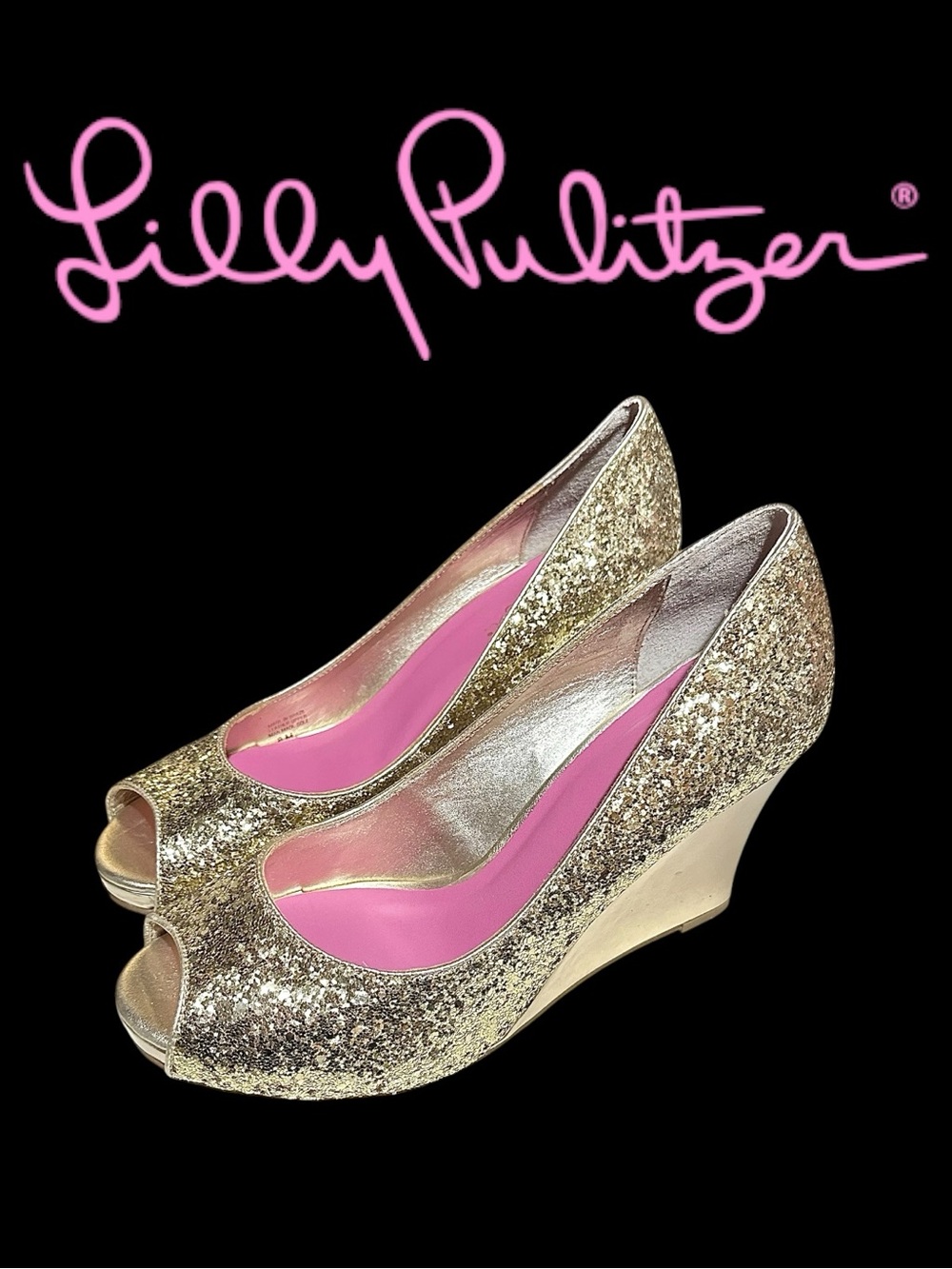 Lilly Pulitzer • Resort Chic Gold Metallic Glitter Wedges || Size 8